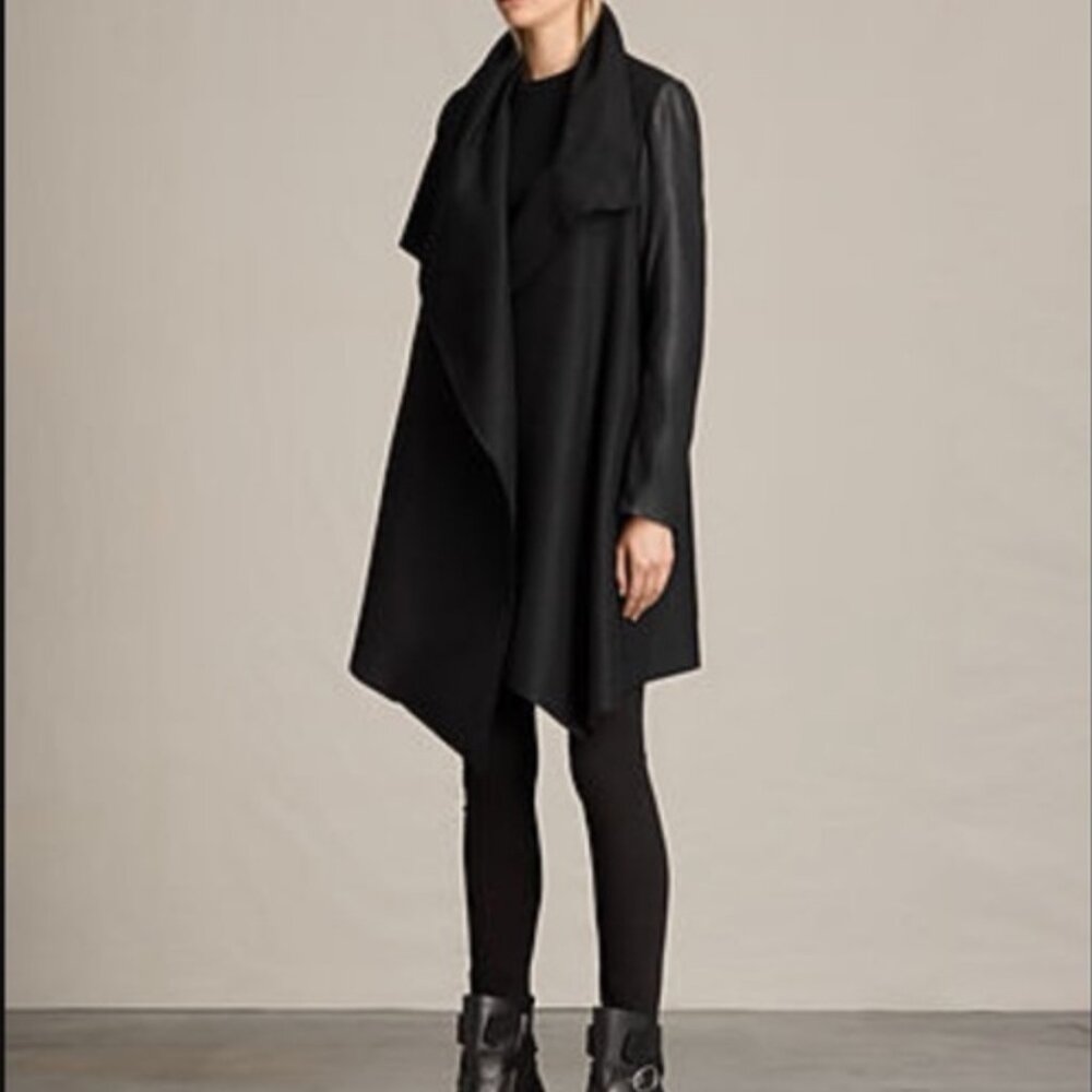 All Saints Hyde Monument Coat Leather Sleeves EUC Black Drape Asymmetrical